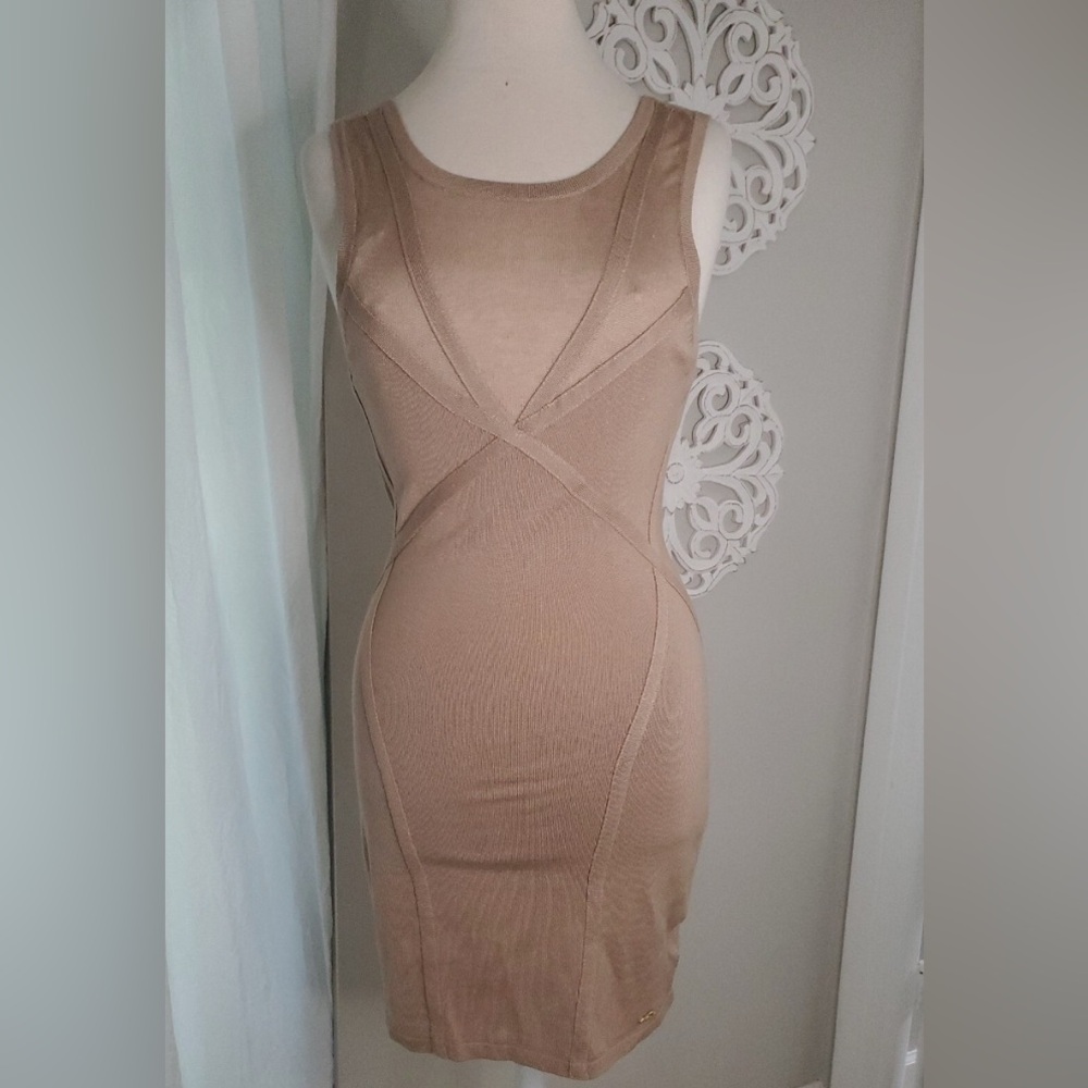 GUESS Eugenia Tan Champagne Nude Bodycon Midi Sweater Dress – Size M (NWT)